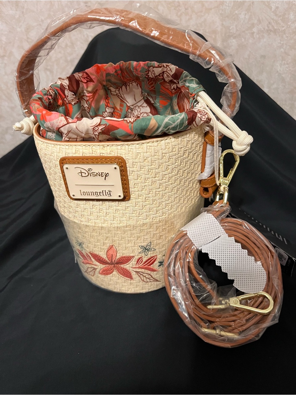 Loungefly Cream Floral Bucket Bag with Coral and Teal Drawstring - Picture 5 of 6